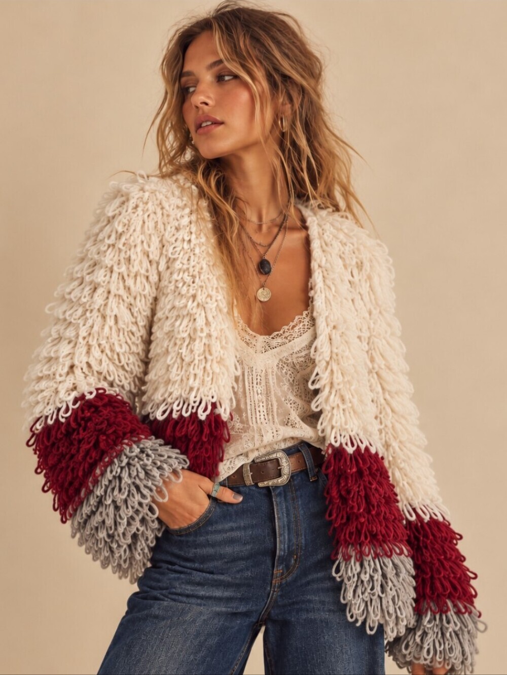 Hayden Los Angeles Shaggy Loop Knit Open Front Cardigan Small NWOT